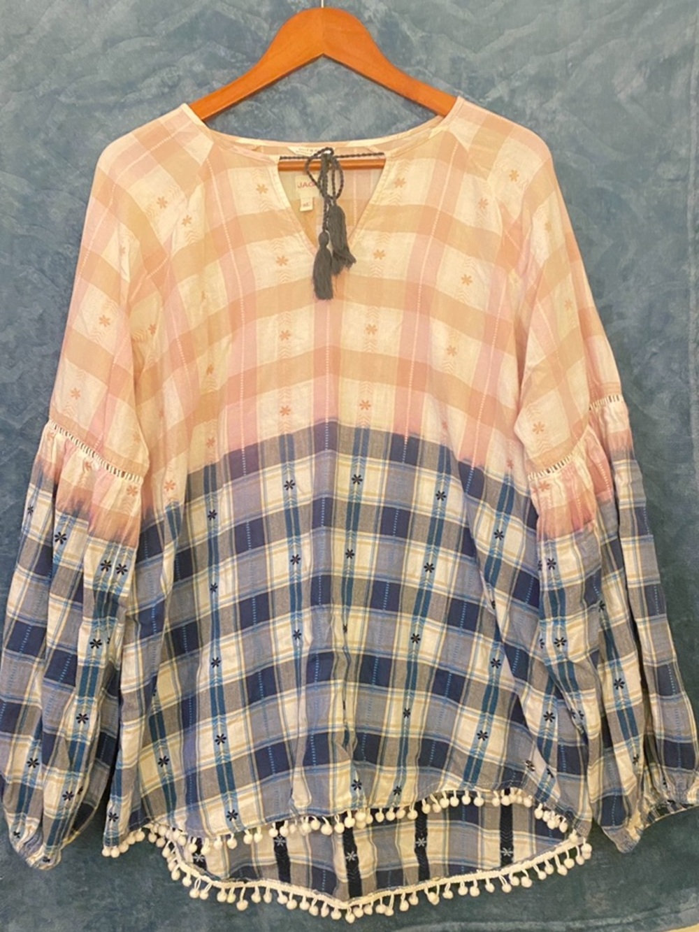 Boho Plaid Pom-Pom Hem Peasant Blouse in Pink & Blue